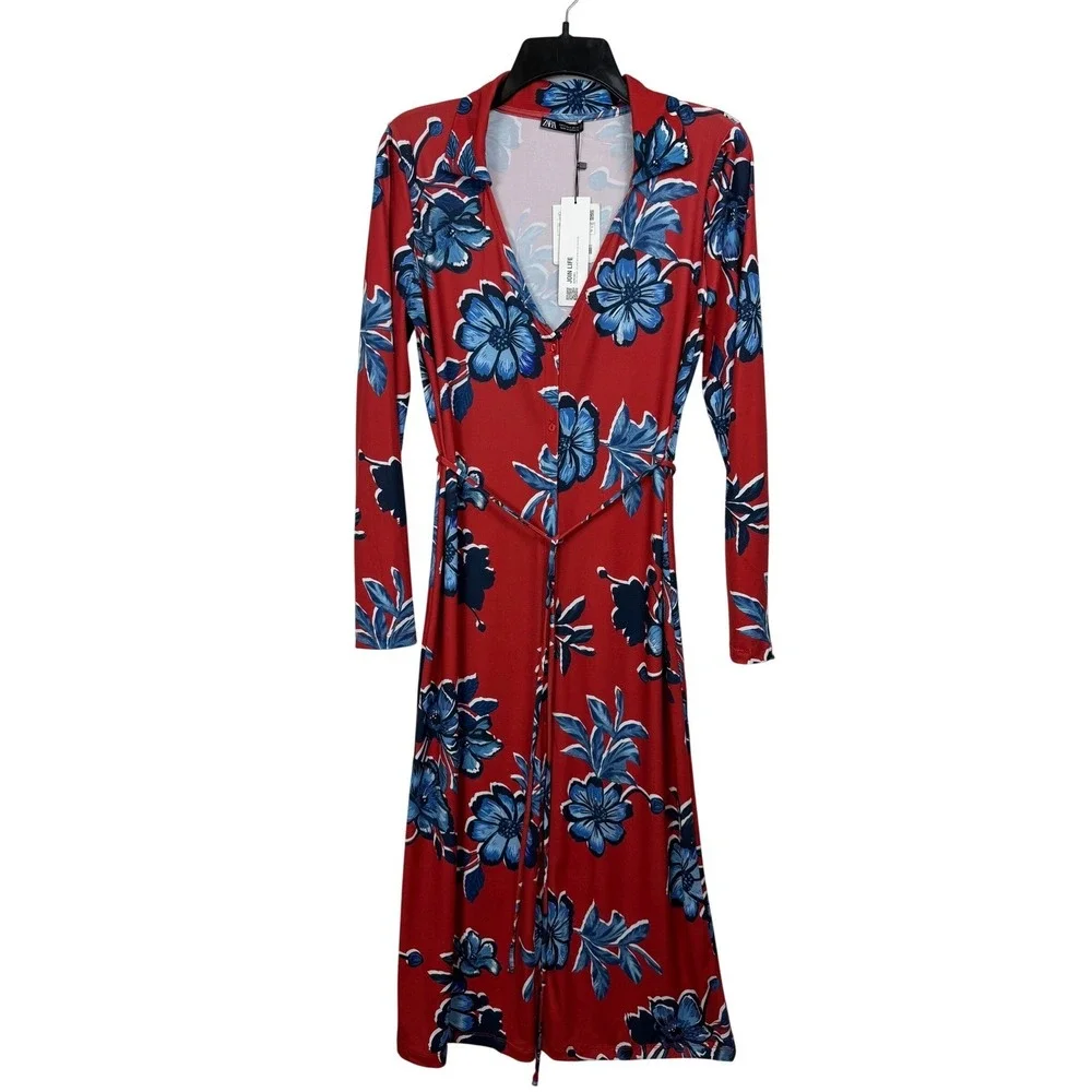 Zara Red Blue Floral Long‎ Sleeve Button Front Midi Dress Small Colorful Boho